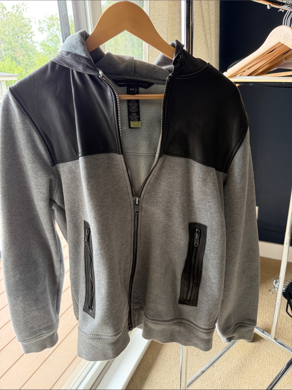 Marc by Marc Jacobs Grey Zip-Up Hoodie with Black Leather Yoke